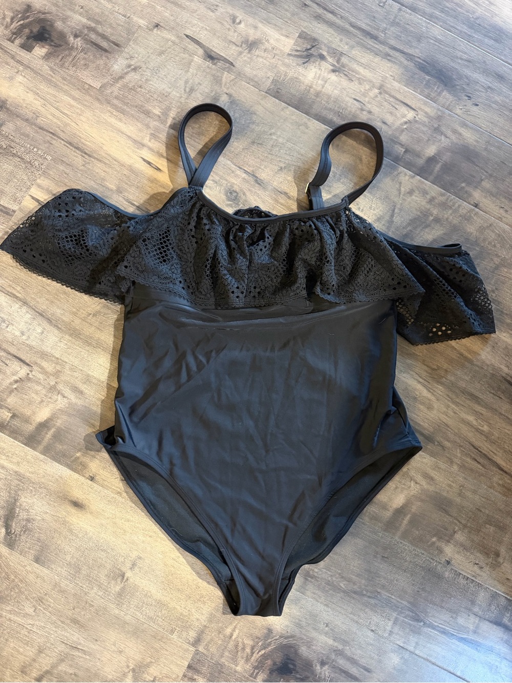 Black Off-Shoulder One-Piece Swimsuit with Lace Accent
